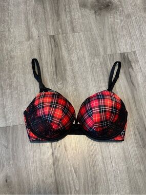 VICTORIA SECRET Plaid Lace Trim Push-Up Bra - Red Plaid